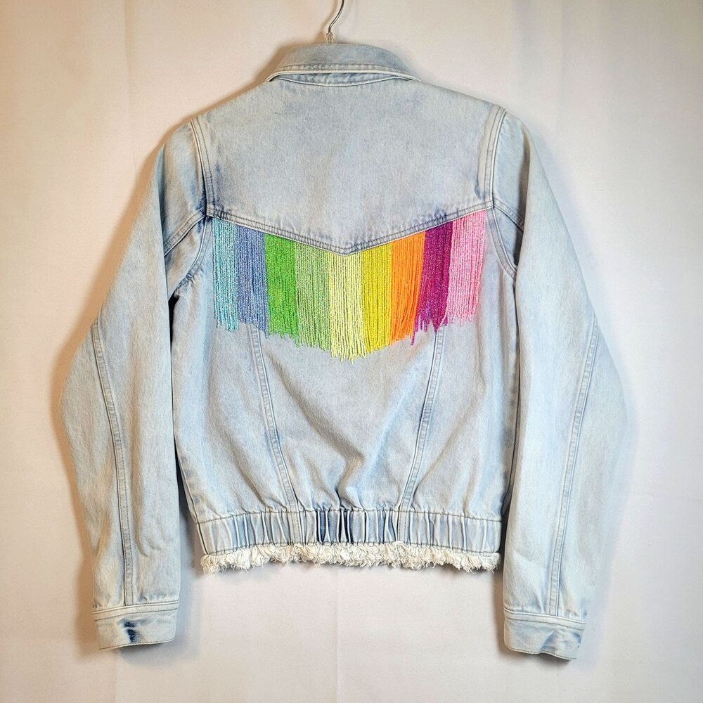 Womens Western Beaded Fringe S/M Denim Jean Jacket Rainbow Light Acid Wash